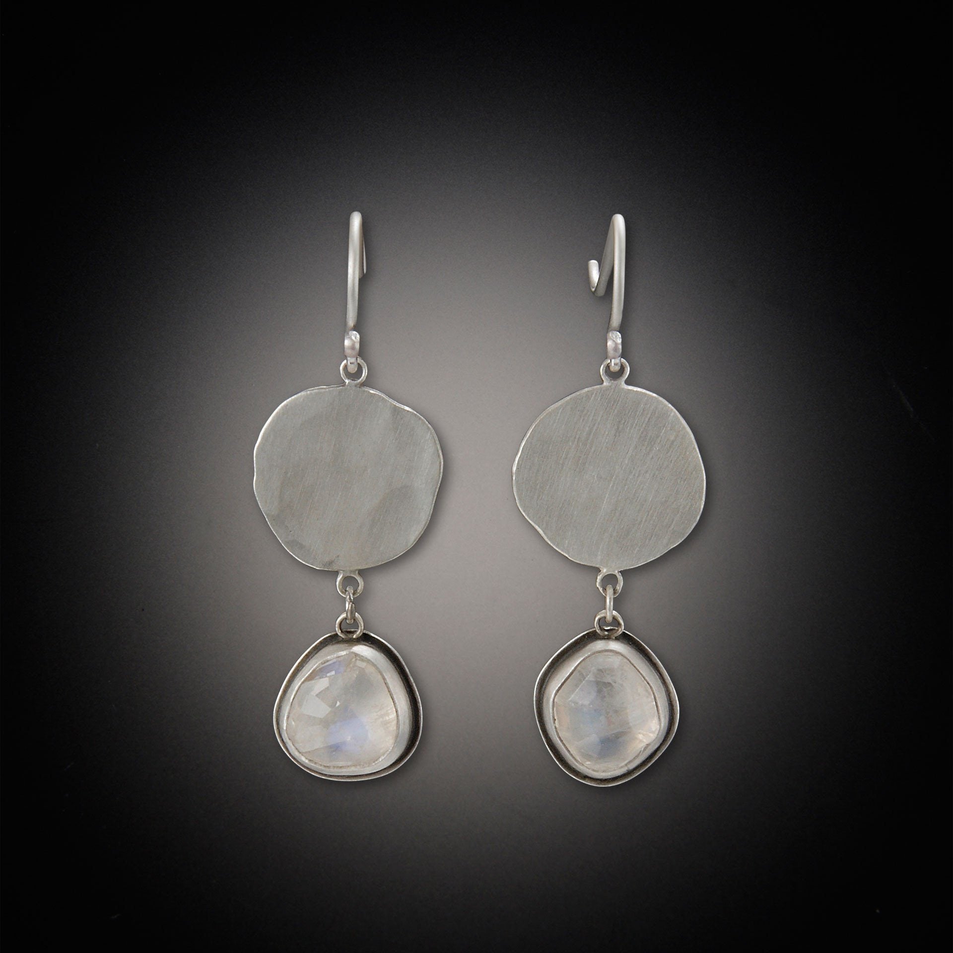 Moonstone Earrings with large hammered disks