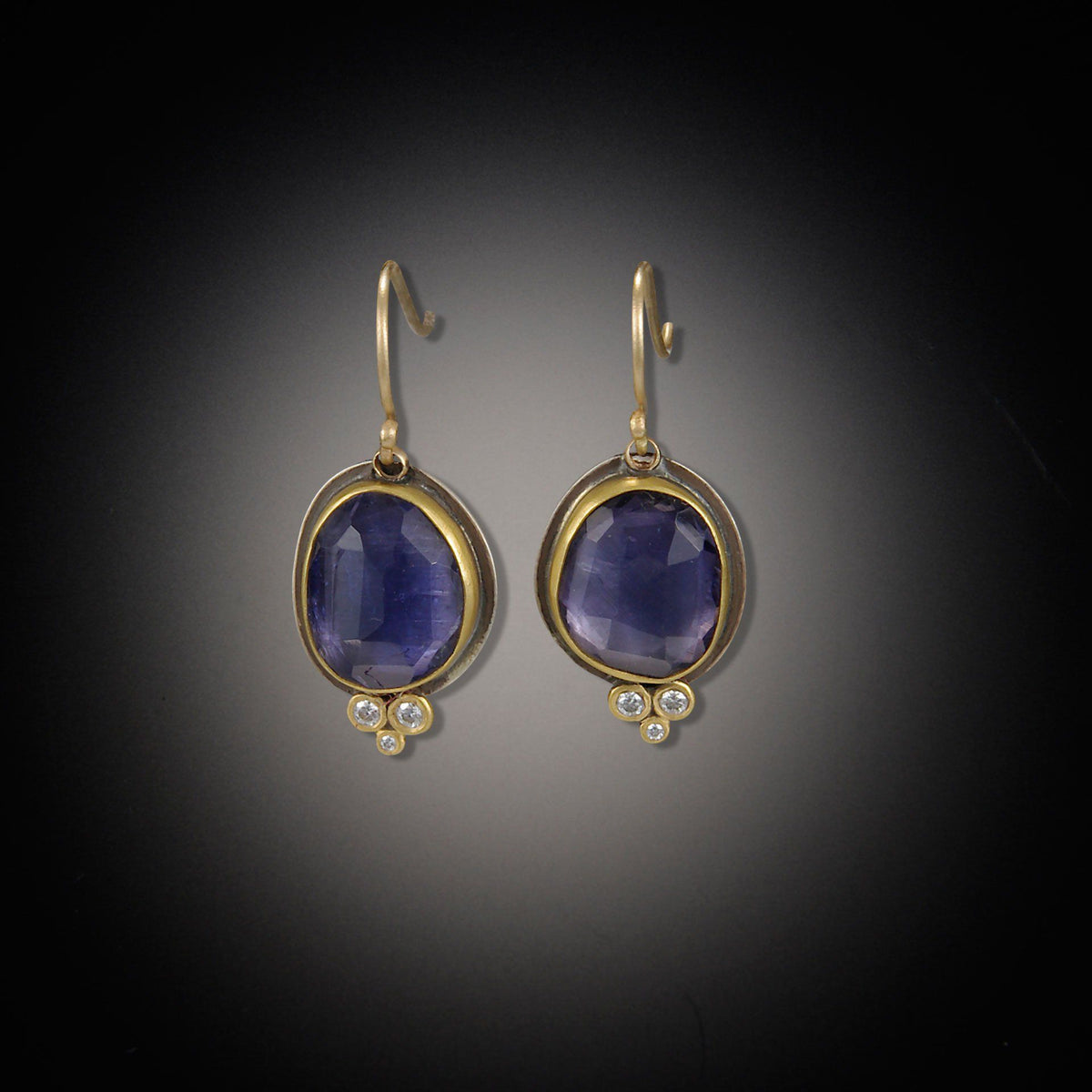 Rose Cut Iolite Earrings with Tiny Diamond Trios