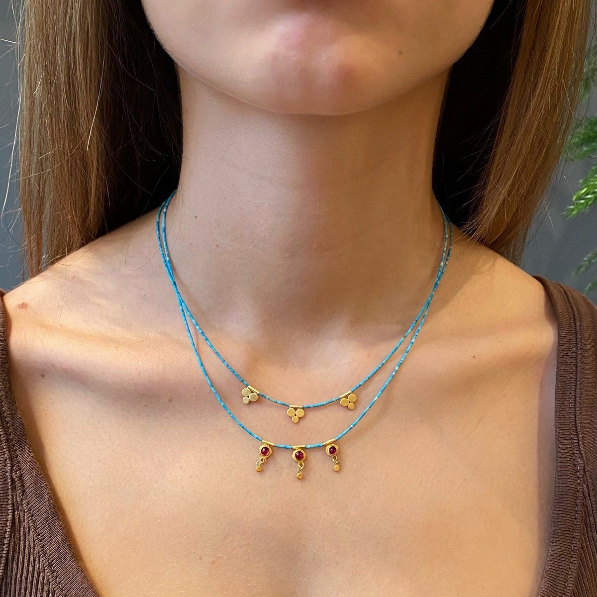 Turquoise Bead Necklace with 22k Trios