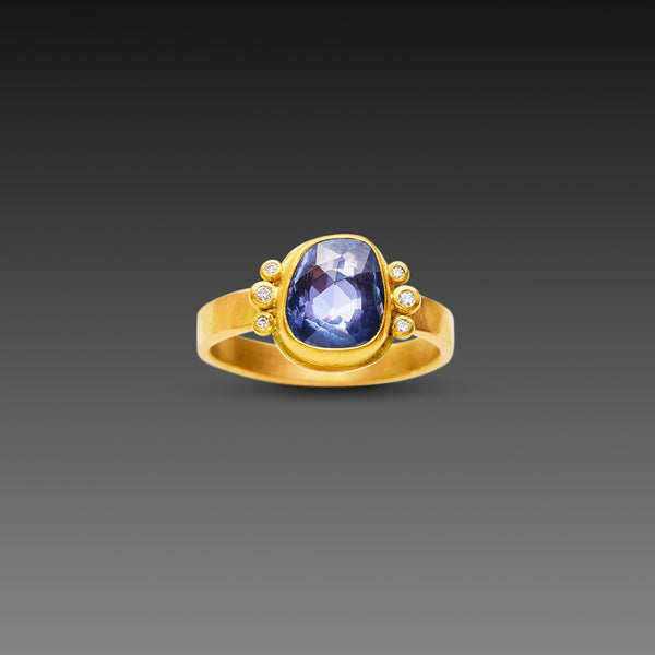 Organic Blue Sapphire Ring with Two Diamond Trios