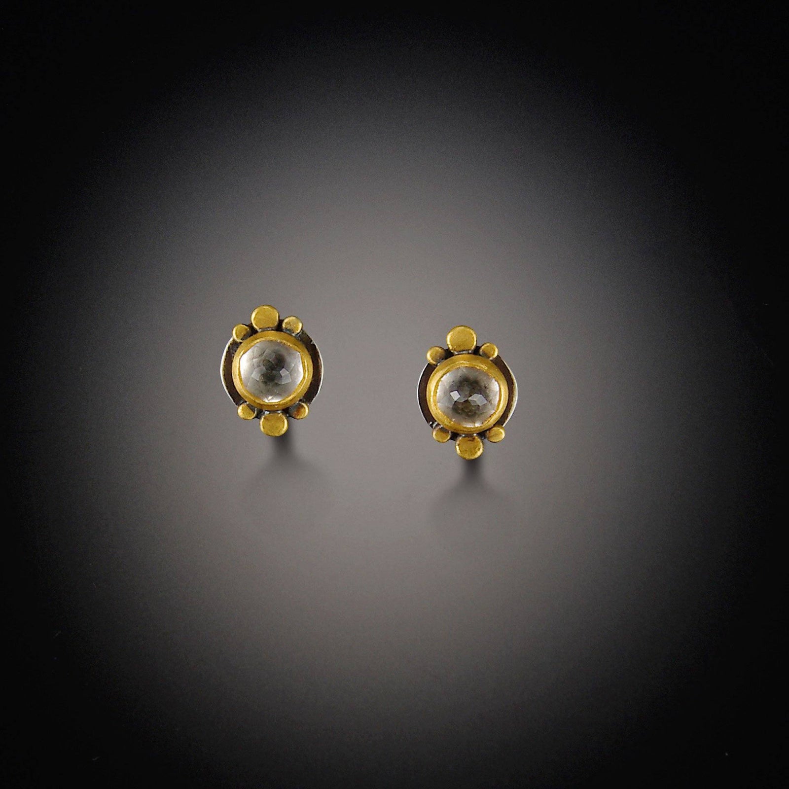 Small Round White Topaz Earrings with Gold Dots